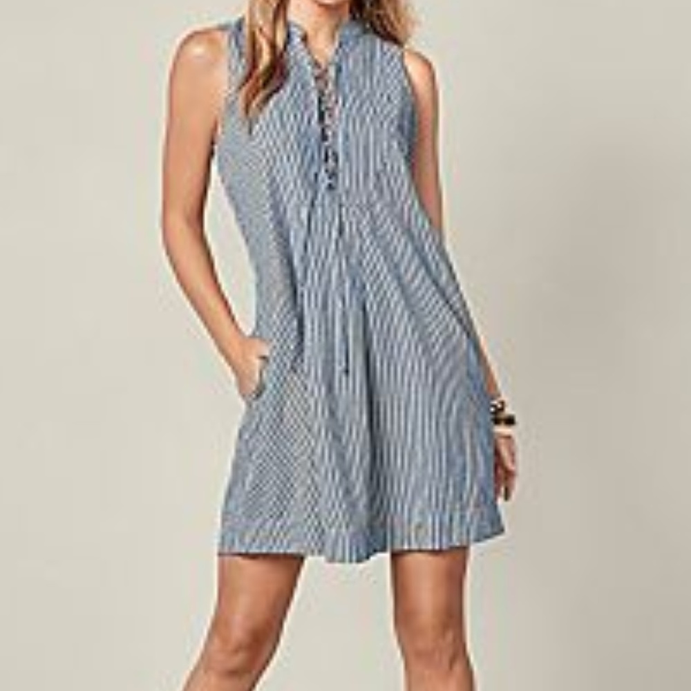 Venus Blue Chambray Stripe Lace Up  Dress